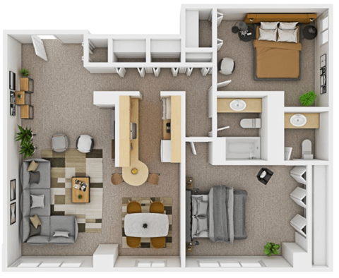 Floor plan for 2 beds, 1.5 baths, 991 sqft